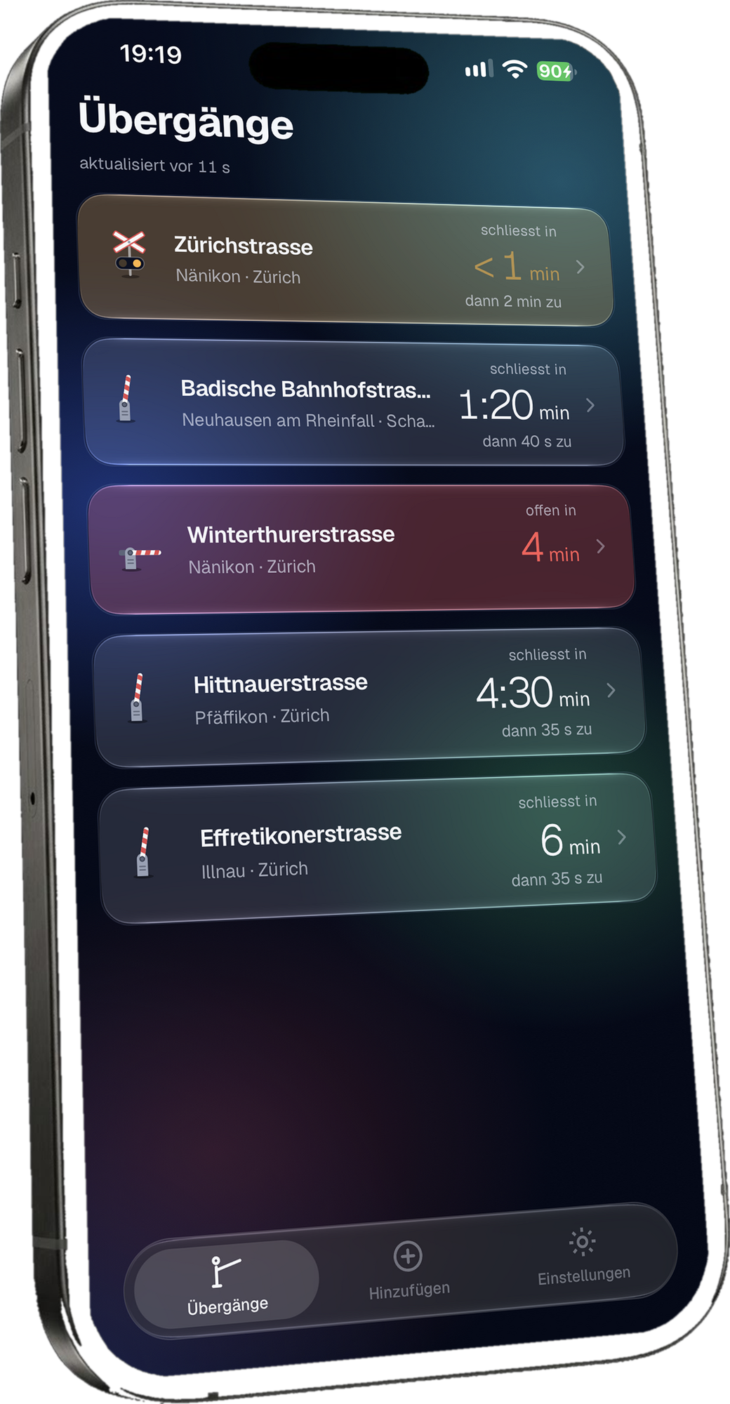 RailFree auf dem iPhone: Liste von Bahnübergängen mit Countdown bis zur Schliessung und Dauer der Schliessung